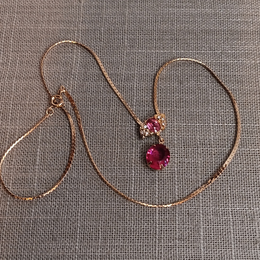 Pink Stone Gold Tone Herringbone Chain Necklace 17" Long - Picture 2 of 5